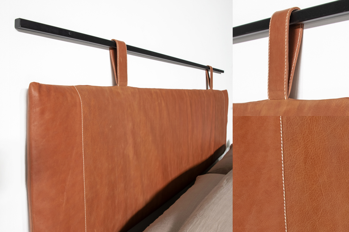 Productfoto leren hoofdbord bruin met stalen stang van Gussta Productfoto leren hoofdbord bruin met stalen stang van Gussta