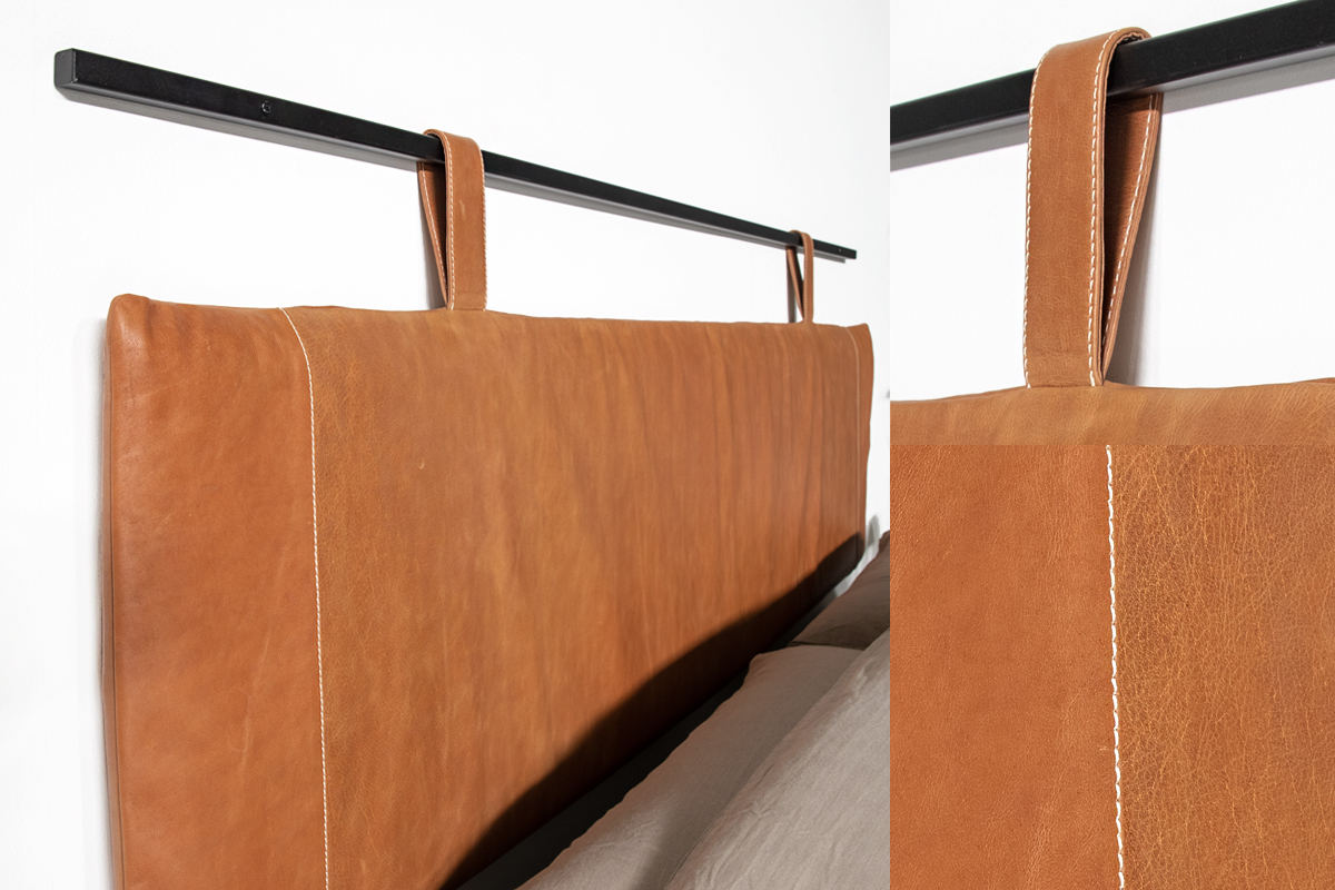 Productfoto leren hoofdbord cognac met stalen stang van Gussta Productfoto leren hoofdbord cognac met stalen stang van Gussta