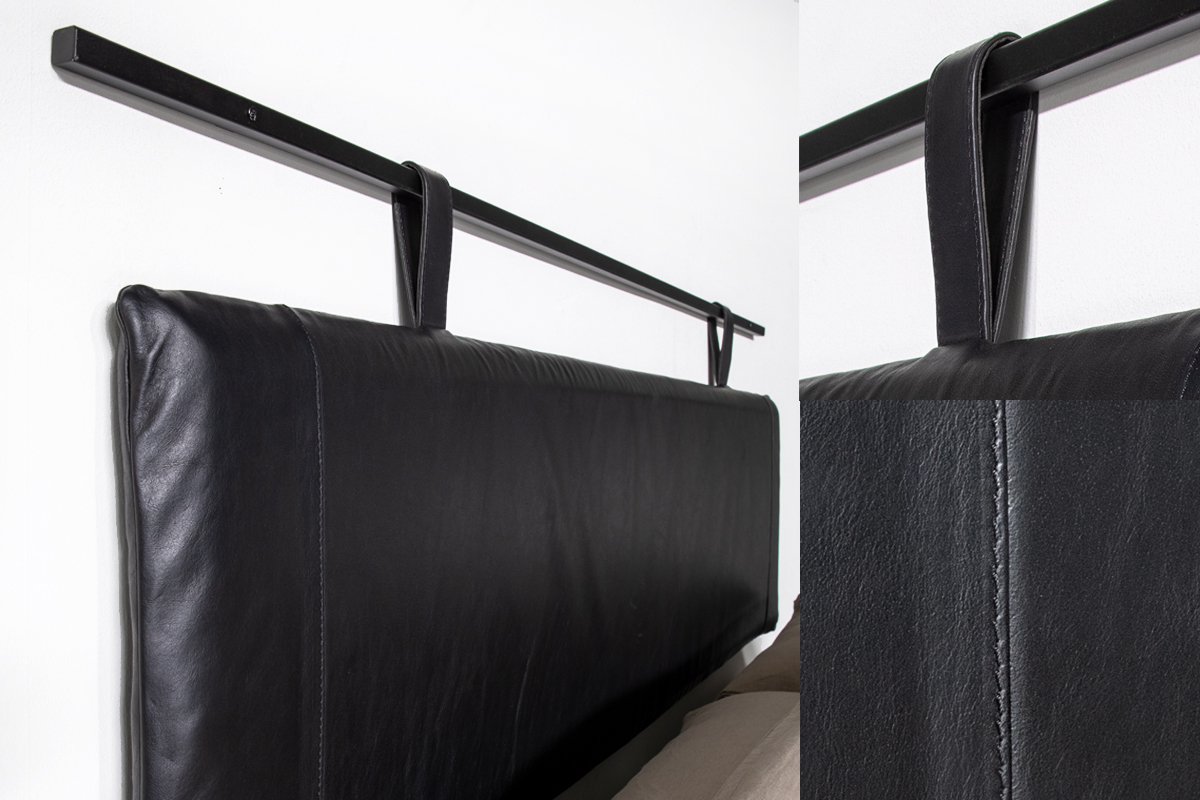 Productfoto leren hoofdbord zwart met stalen stang van Gussta Productfoto leren hoofdbord zwart met stalen stang van Gussta