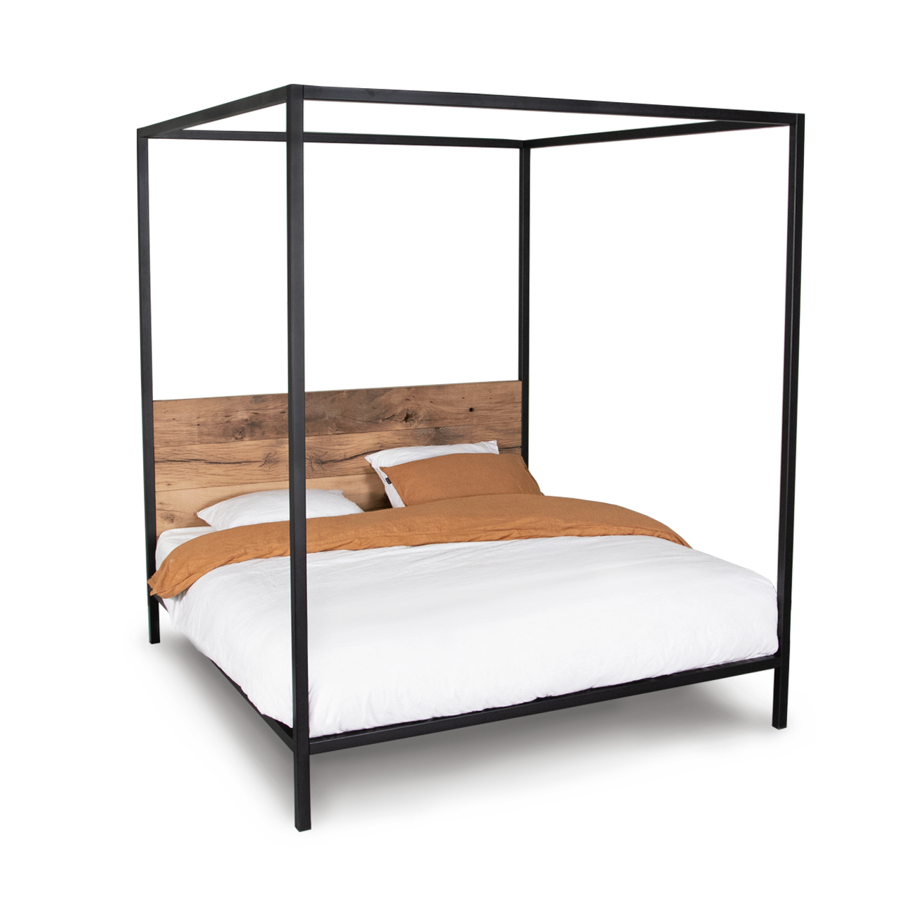 Hemelbed staal en oud eiken Stälhe